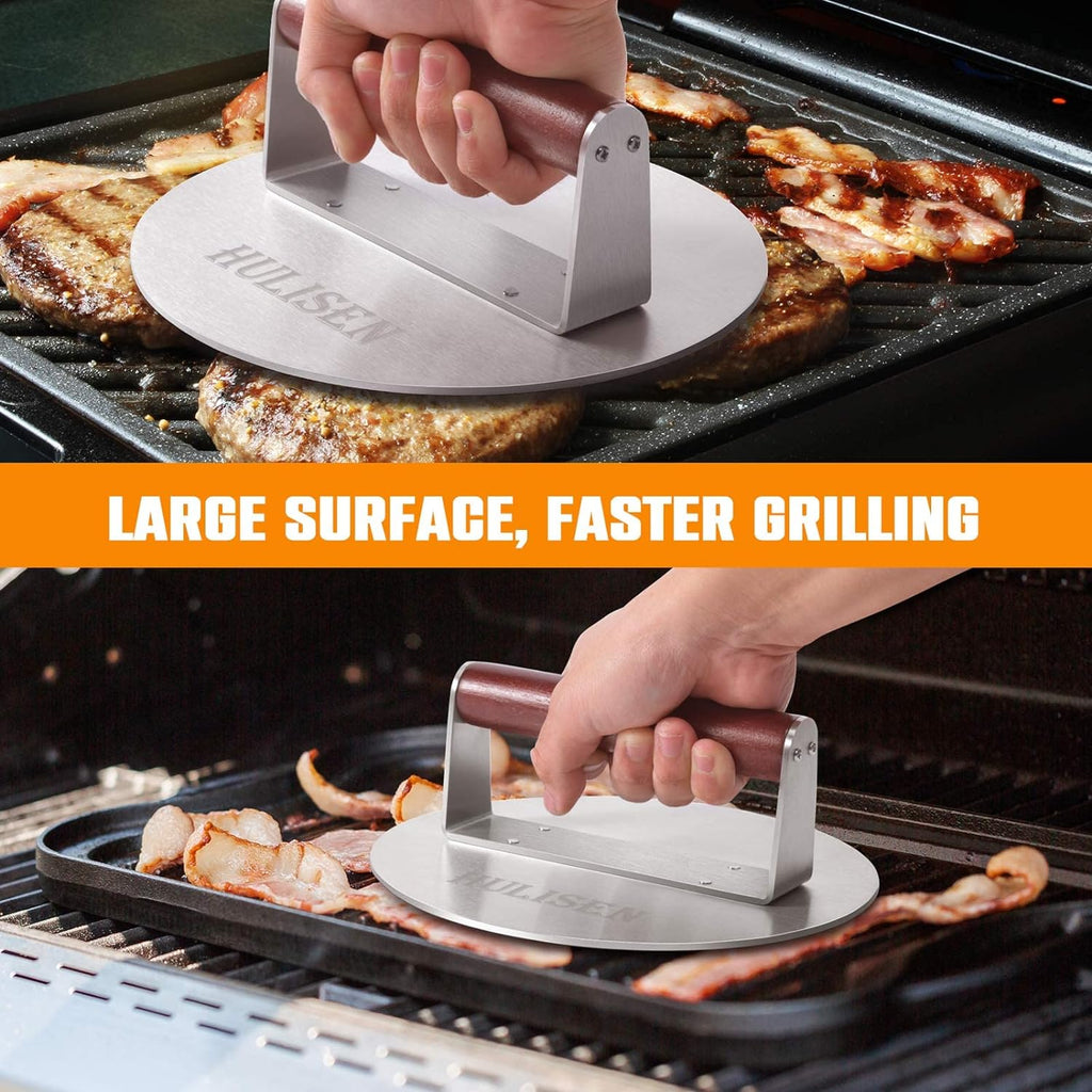 HULISEN 8.5-Inch Burger Press, 2.5 lb Stainless Steel Burger Smasher | Wood Handle, Wide Round Flat Edge Burger Smasher for Bacon & Steaks, Easy Cleanup, Griddle Accessories Fits Flat Top Griddles