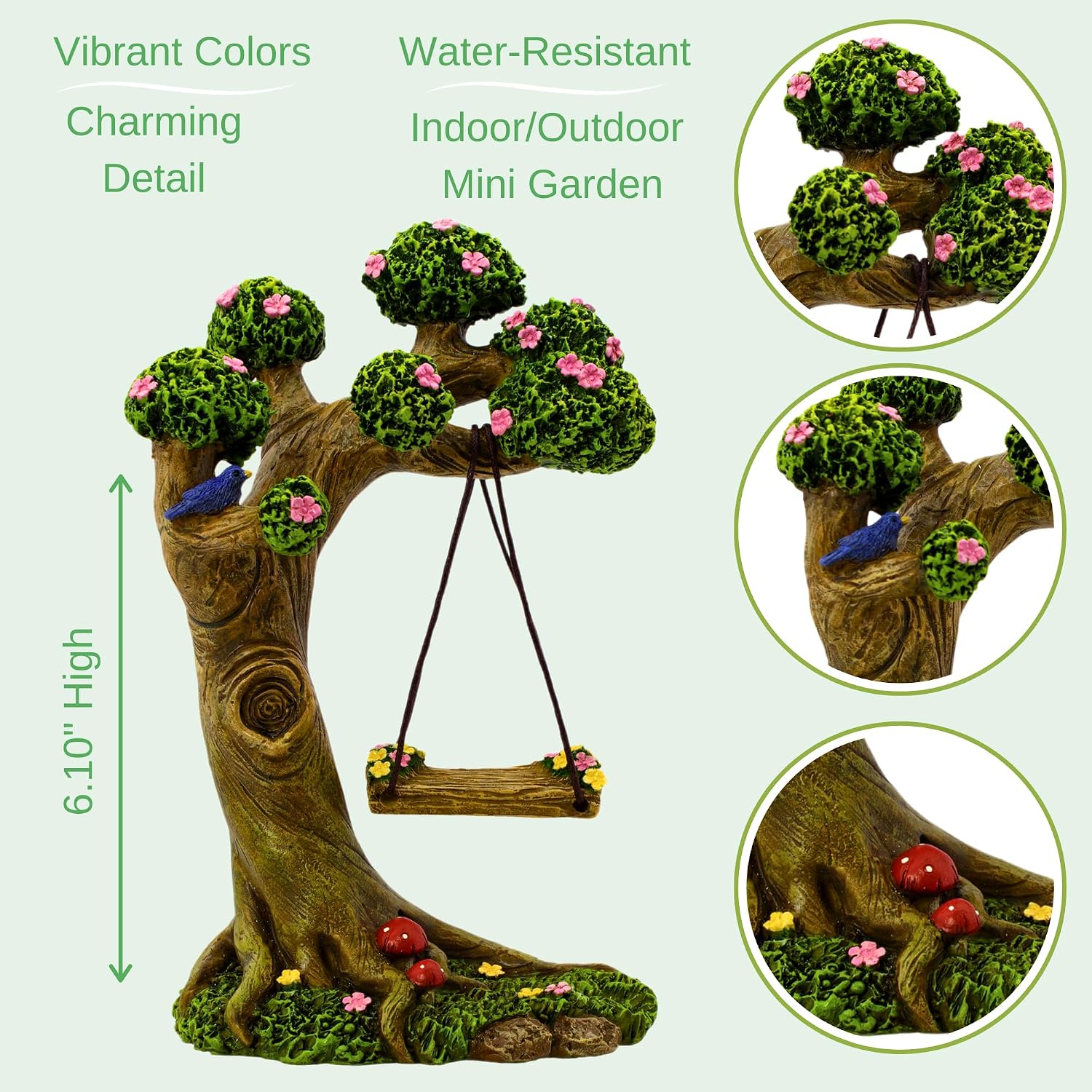 Fairies for Fairy Garden - 4 Piece Set with Tree Swing | Hand-painted resin; includes a puppy; indoor and outdoor use; miniature village ornaments and decor