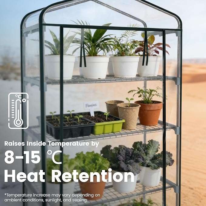 Worth Garden 4 Tier Mini Greenhouse - 63'' H x 27'' L x 19'' W - Sturdy Portable Gardening Shelves with PVC Cover - Small Green House Use in Indoor & Outdoor for Plants Flowers