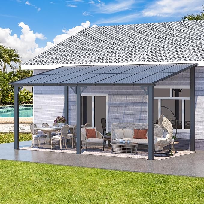 AECOJOY 16' x 8' Gazebo Outdoor Pergola for Patio, 8x16 Hard Top Lean to Gazebo Shelter Pergolas and Gazebos Clearance with Patio Roof, Large Wall-Mounted Heavy Duty Awnings for Decks, Backyard