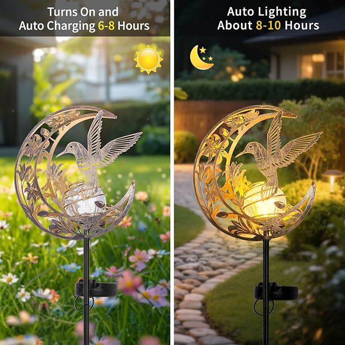 Solar Hummingbird Lights Outdoor Decor - Moon & Bird SolaGardenLights Waterproof, Auto On/Off Pathway Lighting for Yard/Lawn/Patio, Handcrafted Metal Solar-Stake-Lights for Outside Decorations