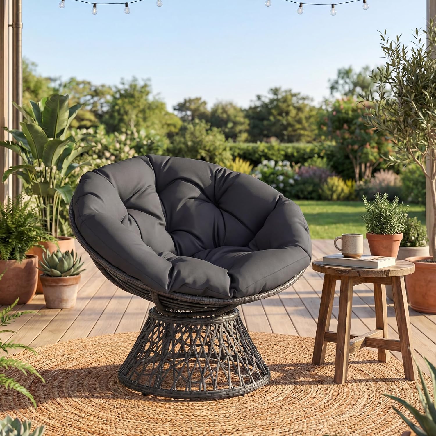 Giantex Wicker Papasan Chair with Soft Thick Cushion and High Capacity Metal Frame, 360° Swivel Ergonomic Lounge Reading Chair for Living Room, Bedroom, Patio, Indoor Outdoor Use (Grey)