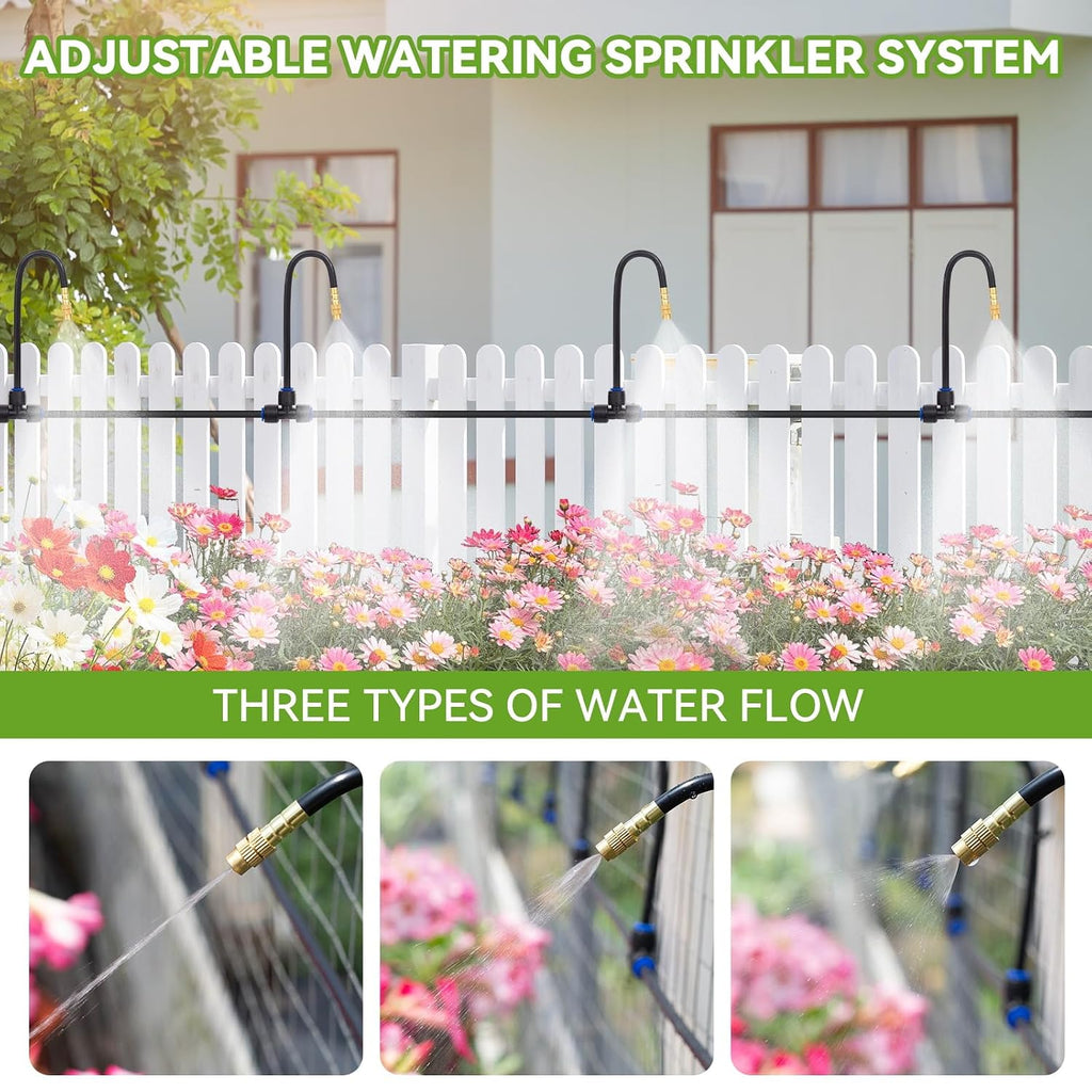 Drip Irrigation System Kit with 16 Pcs Adjustable Brass Nozzles & Bendable Spay Arm,120ft Garden Watering Misting System for Outdoor Raised Bed, Potted Plant, Yard, Greenhouse
