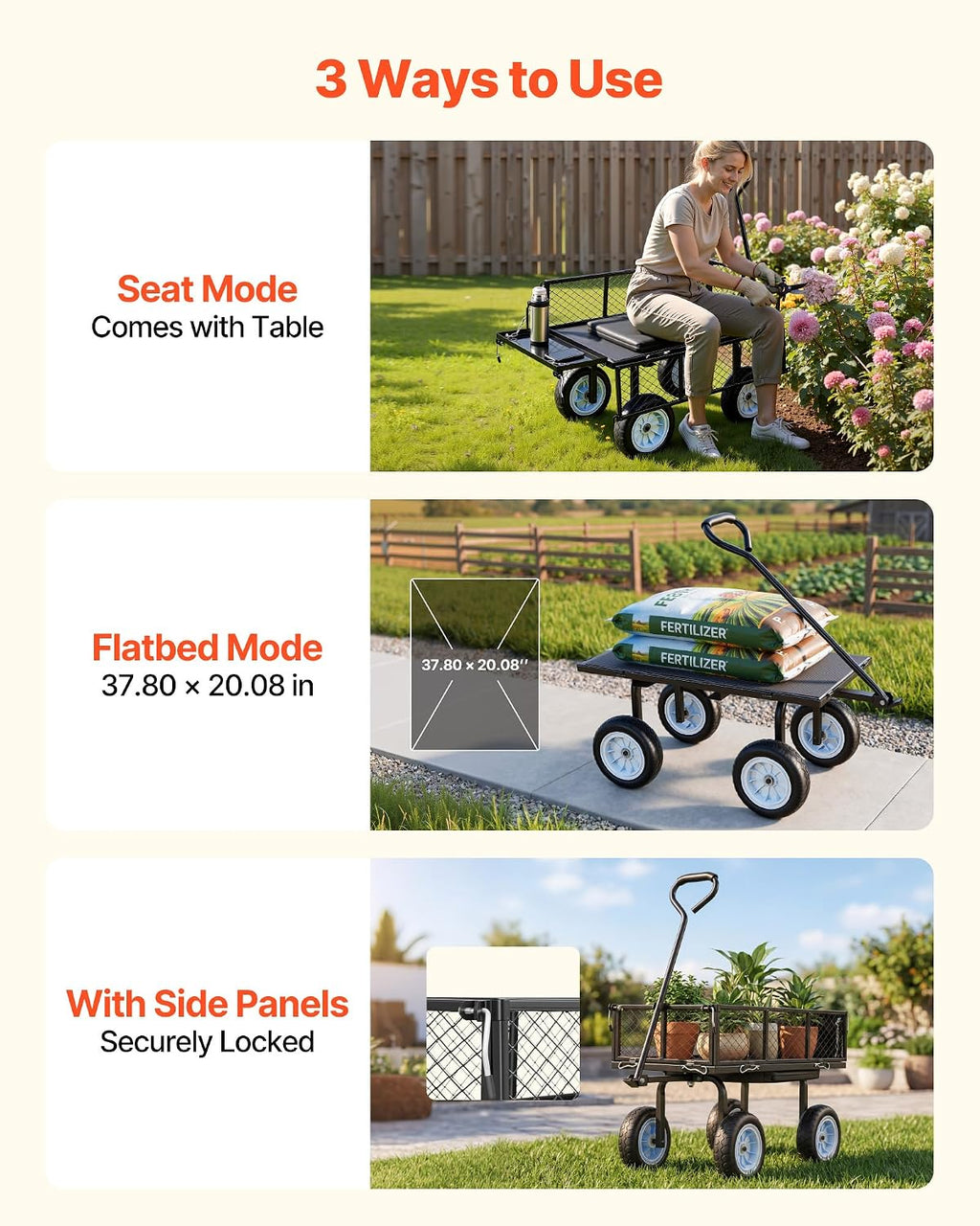 vevor 500 lbs steel garden cart with work showing dimensions