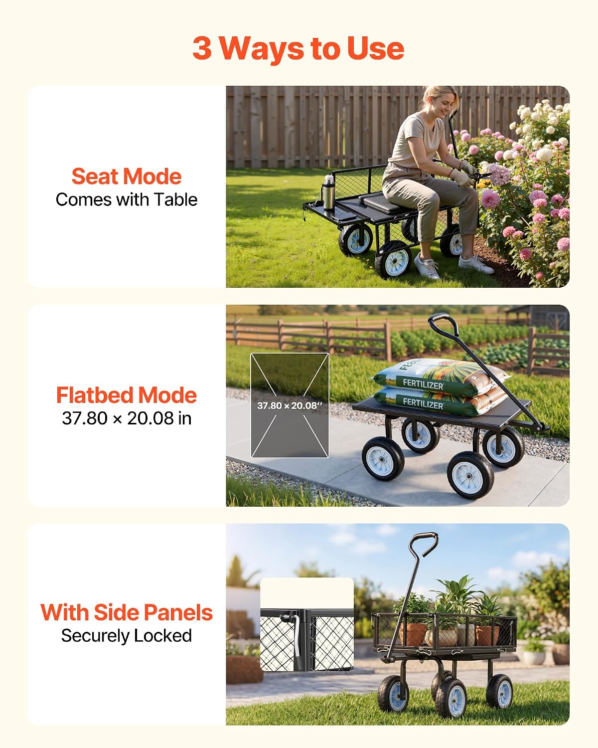 vevor 500 lbs steel garden cart with work showing dimensions