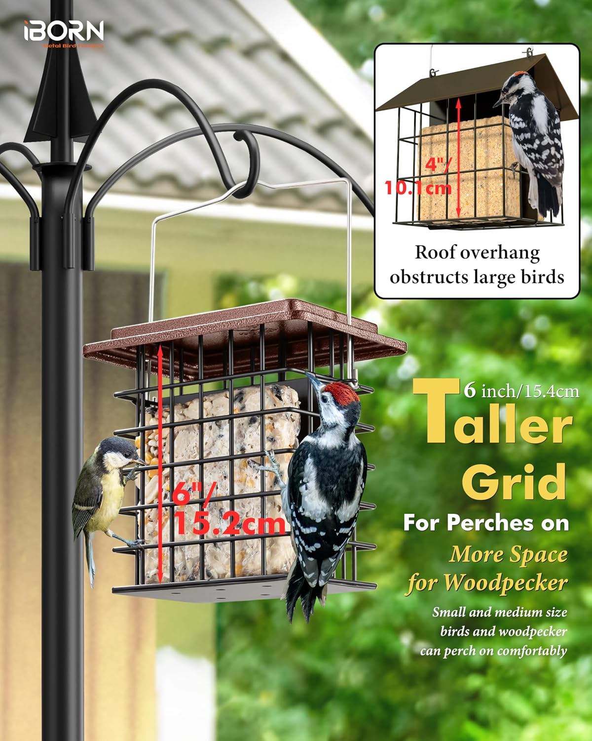 iBorn Double Suet Feeder for Outside Hanging,Weatherproof Suet Feeders,Suet Holder with Taller Grid for Woodpecker, Suet Cage Bird Feeders for Outdoors (Coffee, 6 Inch,1 Pack)