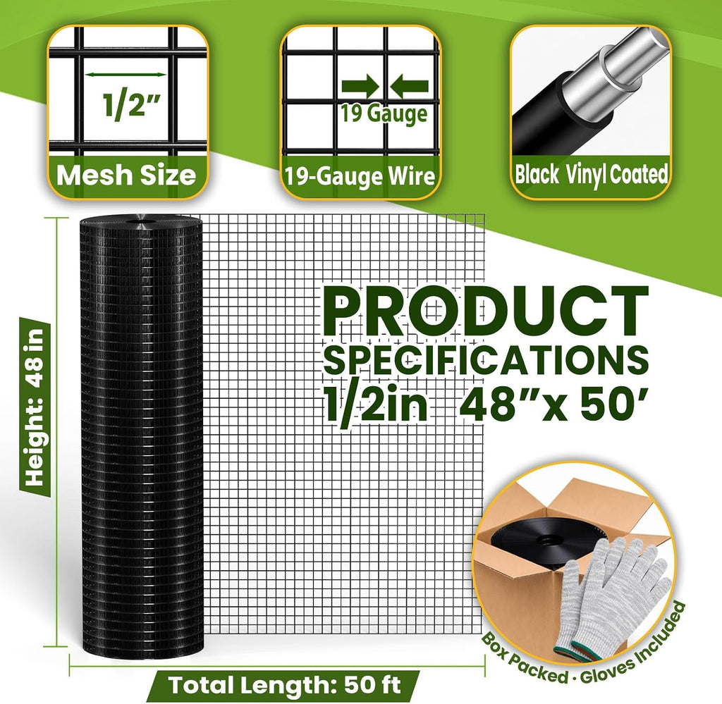Hardware Cloth1/2inch 48"x50' 19 Gauge Black PVC Coated Welded Wire Mesh Roll, Heavy Duty Metal Mesh with Square Grid, Fencing Roll for Chicken Coop Barrier, Rabbit Cage, Snake Fence