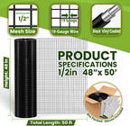 Hardware Cloth1/2inch 48"x50' 19 Gauge Black PVC Coated Welded Wire Mesh Roll, Heavy Duty Metal Mesh with Square Grid, Fencing Roll for Chicken Coop Barrier, Rabbit Cage, Snake Fence