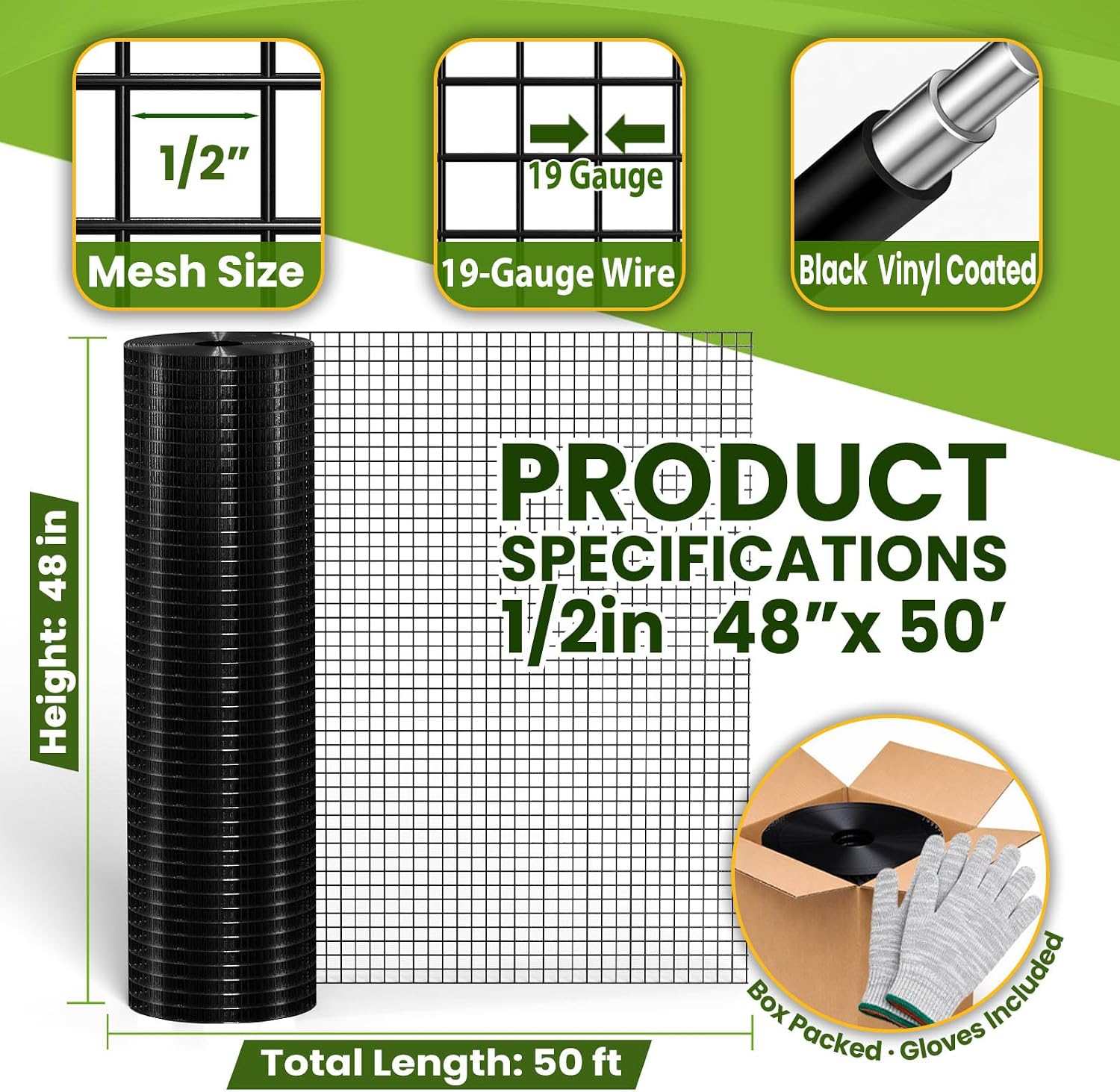 Hardware Cloth1/2inch 48"x50' 19 Gauge Black PVC Coated Welded Wire Mesh Roll, Heavy Duty Metal Mesh with Square Grid, Fencing Roll for Chicken Coop Barrier, Rabbit Cage, Snake Fence