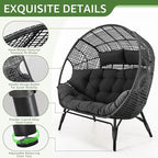 NICESOUL Indoor Outdoor Double Egg Chair with Footrest Padded Cushion, Oversized Wicker Twin Egg Shaped Chair Wide Seater with Ottoman, 2 People Loveseat Gray for Patio Porch Balcony