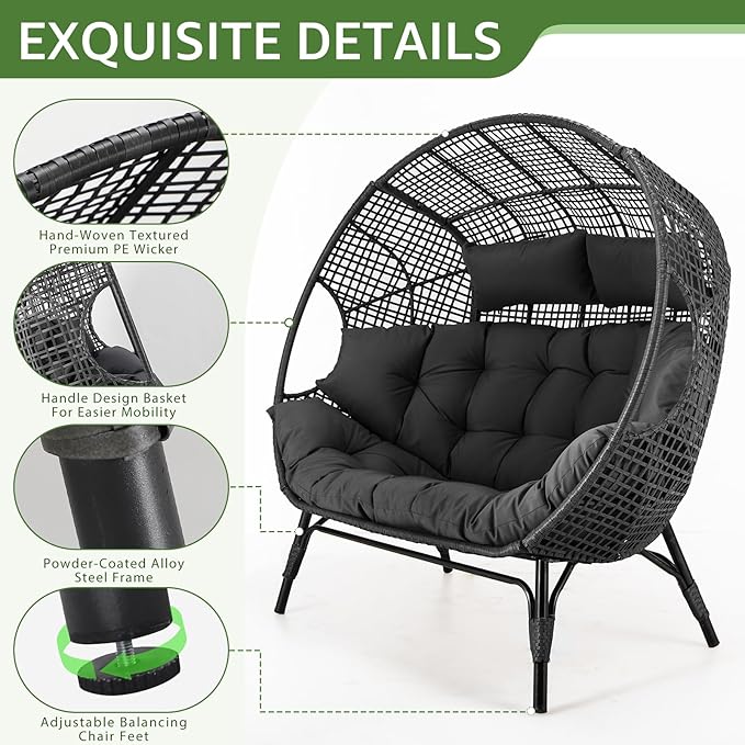 NICESOUL Indoor Outdoor Double Egg Chair with Footrest Padded Cushion, Oversized Wicker Twin Egg Shaped Chair Wide Seater with Ottoman, 2 People Loveseat Gray for Patio Porch Balcony