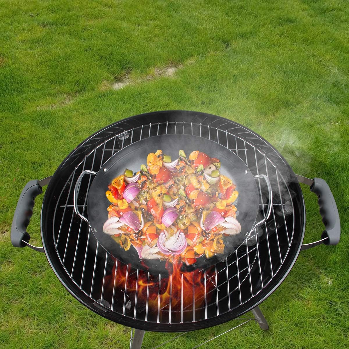 Round Grill Wok with Handle for Green Egg Veggie Basket BBQ Accessory Barbecue Tools for M/L/XL Green Egg Accessories for StriFry,Shrimp,Meat&Vegetable Outdoor Camping Cookware