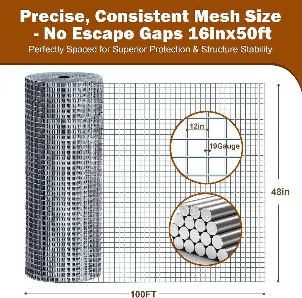 Hardware Cloth 1/2in 48in x100ft Hot Dip Galvanized Rust Resistant Welded Wire Mesh,Chicken Wire Fence Garden Plants Fencing,Chicken Coop Rabbit Poultry Critters Metal Cage Roll