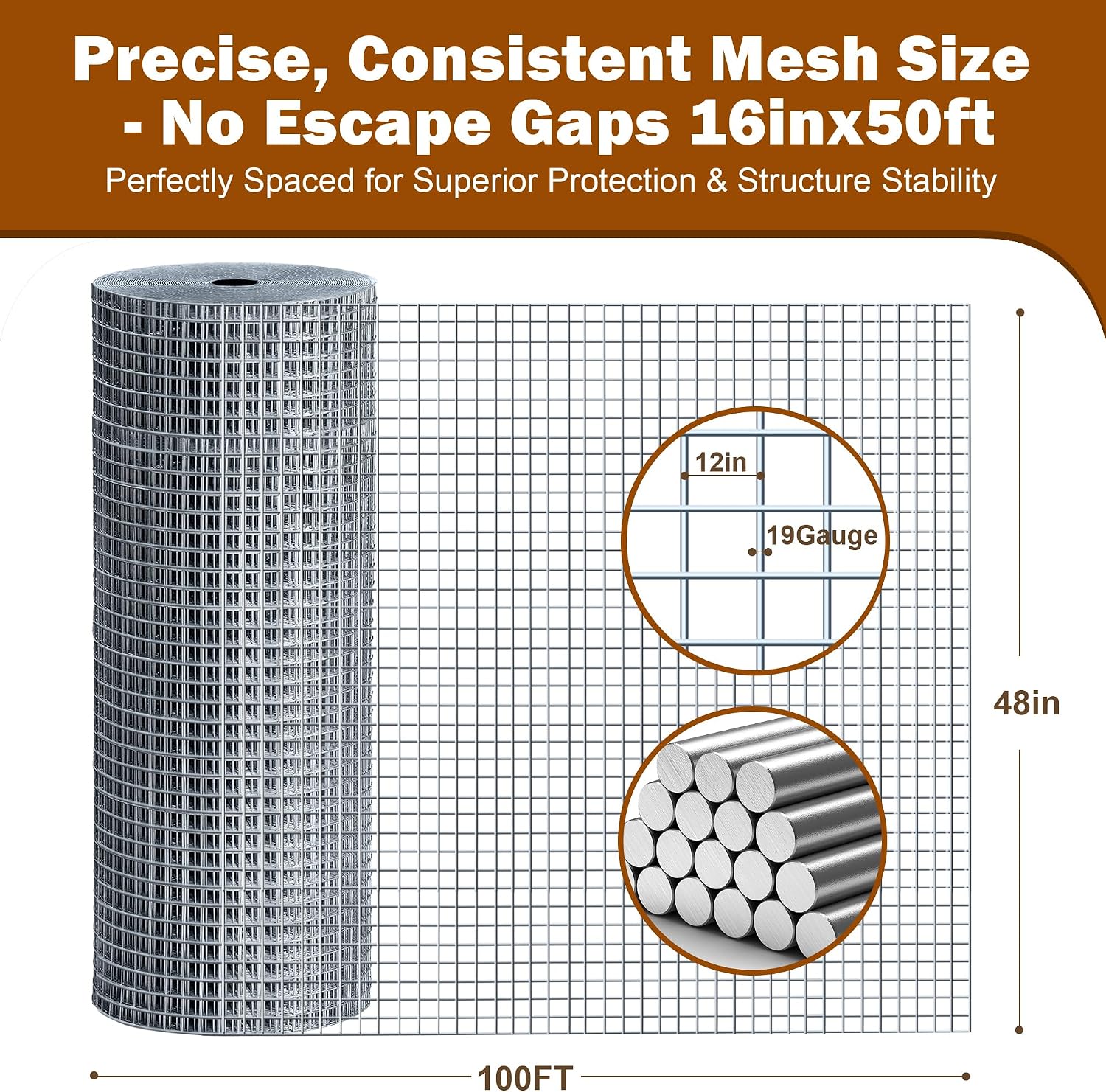 Hardware Cloth 1/2in 48in x100ft Hot Dip Galvanized Rust Resistant Welded Wire Mesh,Chicken Wire Fence Garden Plants Fencing,Chicken Coop Rabbit Poultry Critters Metal Cage Roll