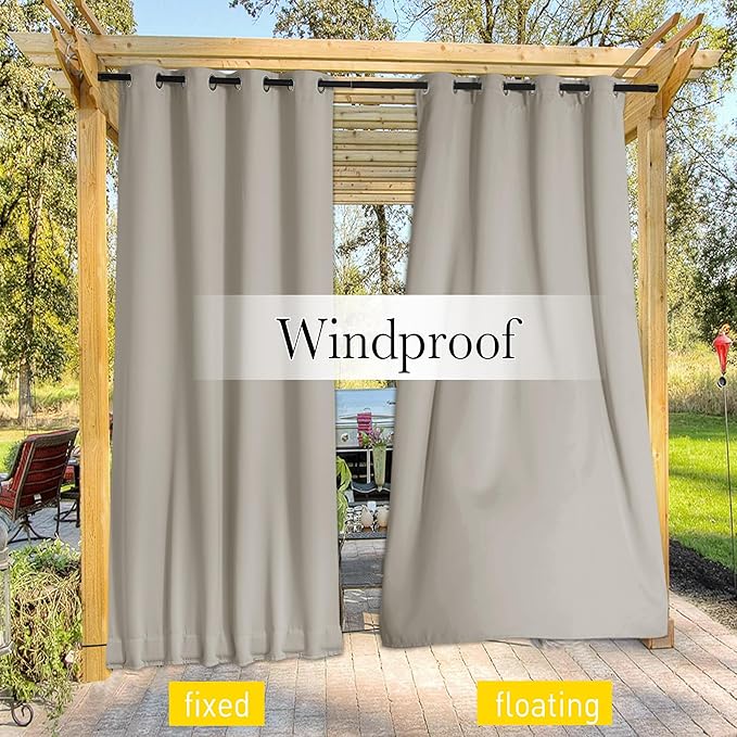 NICETOWN 2 Panels Waterproof Outdoor Curtains Fixed Grommet & Back Tab on Top & Bottom, Thermal Insulated Keep Rain & Sun Out Privacy Windproof Outdoor Draperies with Rope, W52 x L72, Natural