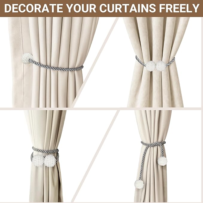Hion Magnetic Curtain Tiebacks Grey 2pcs, Curtain Tiebacks Buckles Holdbacks Holders Hooks Clip for Home Bedroom Office Decorative Curtain