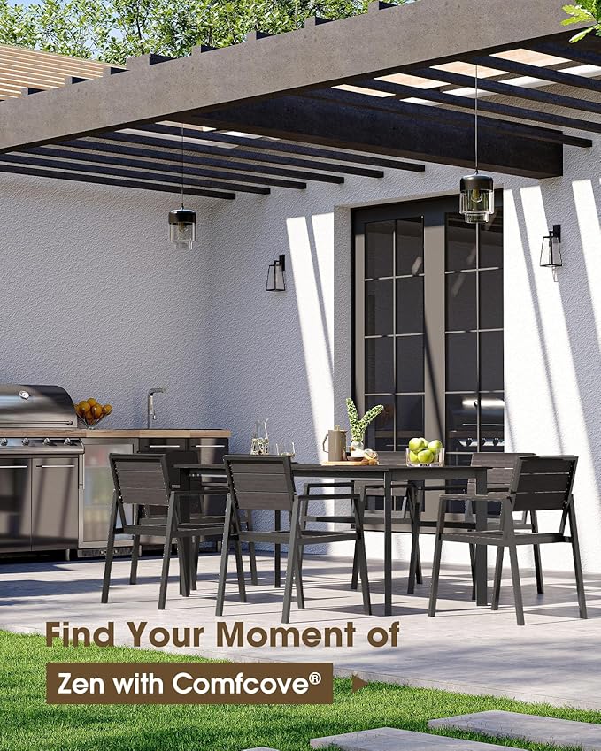 Outdoor Dining Set for 6, Aluminum Patio HDPS Outdooor Table and Chairs Set with Umbrella Hole, All Weather Patio Furniture Set, 7 Peice Patio Dining Table Set (Charcoal)