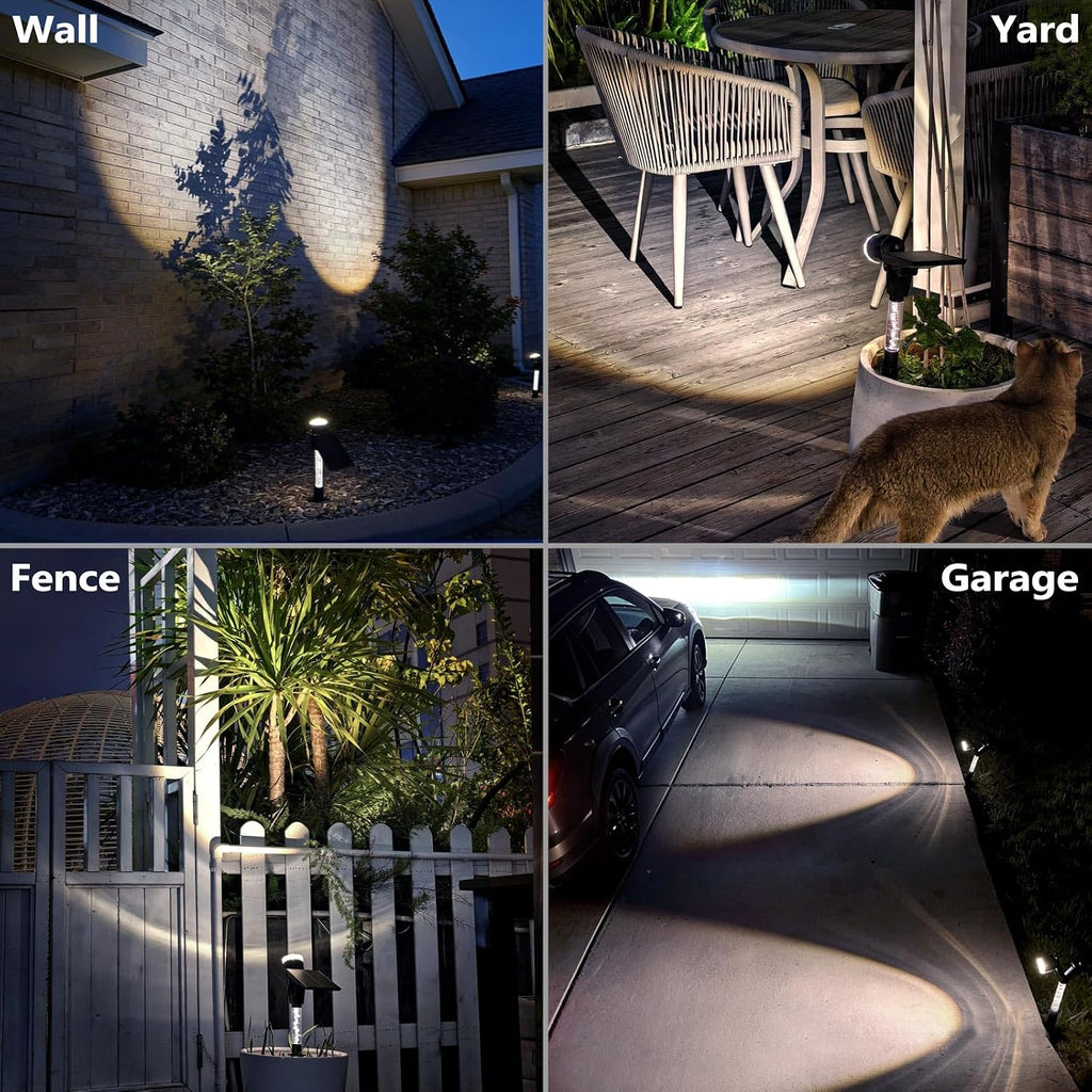 DenicMic Solar Spot Lights Outdoor Waterproof White Lens LED 4 Pack | Adjustable Angle Long Range Solar Lights Outdoor for Yard Garden Patio Wall Tree Landscape Spotlights, Acrylic Lighted Pole