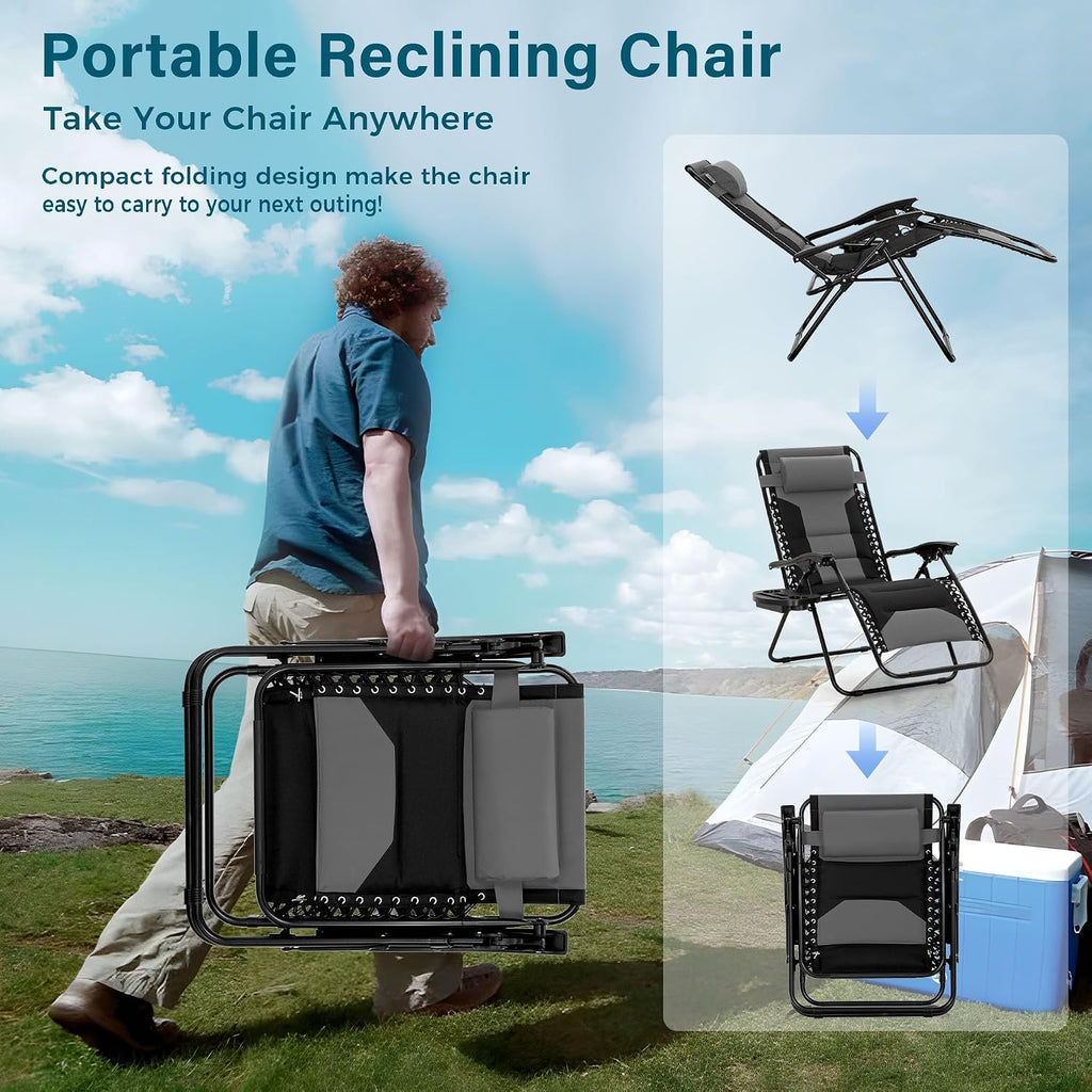 MFSTUDIO Padded Zero Gravity Chair, Cup Holder, Set of 2, 28in Seat, Grey | Outdoor Foldable Recliner, Removable Cup Holder, 28in Seat, Armrest Included, Holds Up to 400 LBS