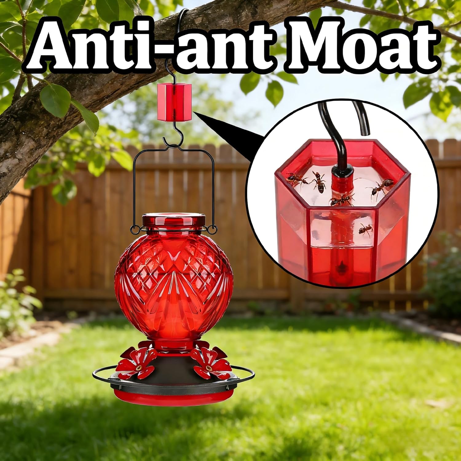 20oz Glass Hummingbird Feeder for Outdoor with Anti-Bee Ports, Red | Attract More Hummingbirds, Durable Glass, Leak-Proof, Easy To Clean, Built In Ant Moat, Bird Lover Gift, Hanging Garden Decor