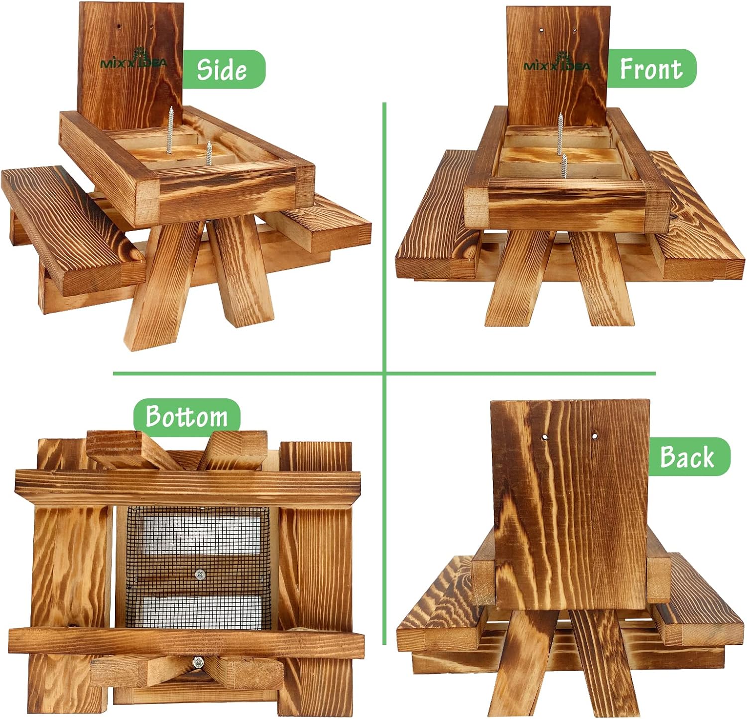 Squirrel Feeder Picnic Table with Tall Umbrella, Wooden Squirrel Feeders for Outside, Cute Chipmunk Feeder with Corn Cob Holder, Solid Structure, Thick Wood (Rustic Brown with Red Umbrella)