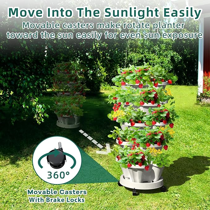Strawberry Vertical Planters 5 Tiered, Stacking Tower Garden, Stackable Herb Vegetable Planters with Movable Casters and Bottom Saucer Indoor and Outdoor - White