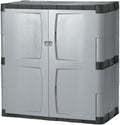 Rubbermaid Freestanding Storage Cabinet with Doors 18"D x 36"W x 37"H Medium Gray/Black Two-Shelf Lockable Cabinet for Indoor/Outdoor/Garage Storage for Garden Tools/Lawn Care Accessories