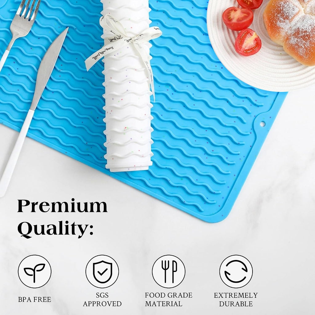 CAKETIME 2 Pack Colorful Silicone Dish Drying Mat for Kitchen Counter Multiple Usage for Cooking Baking Office Coffee Under Sink Accessories Apartment Appliances Pioneer Woman Stuff 15"x11.5" Blue