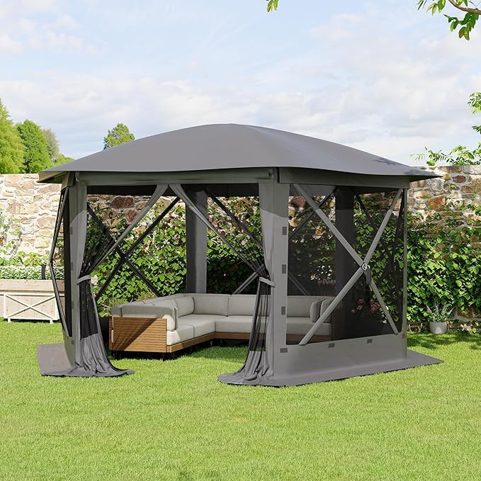 11.5x11.5FT 6-Sided Pop Up Gazebo Tent，One-Push Setup Canopy Tent with Mesh Panels & Removable Wind Cloths, Outdoor shelter for Camping, Backyard Parties, Outdoor Events - Grey
