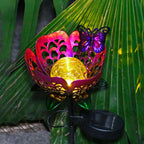 Solar Path Light, 2 Pack Crackle Glass Globe LED Lights, Metal Butterfly Decorations Lights, Hollow Petal Tulip Stake Light for Patio Yard Walkway Ground Lawn Ornaments Gifts (Purple Flower - 2pcs)