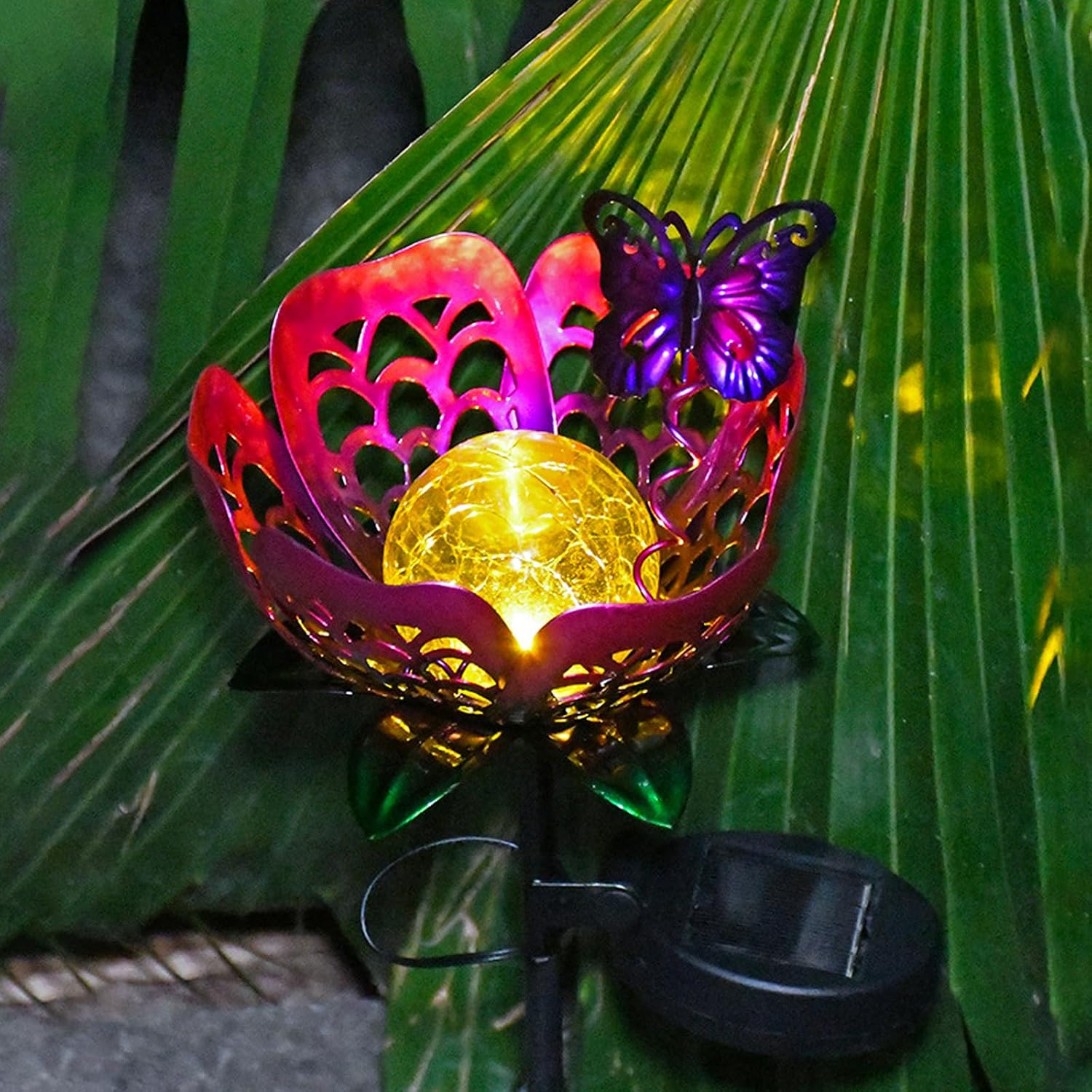 Solar Path Light, 2 Pack Crackle Glass Globe LED Lights, Metal Butterfly Decorations Lights, Hollow Petal Tulip Stake Light for Patio Yard Walkway Ground Lawn Ornaments Gifts (Purple Flower - 2pcs)