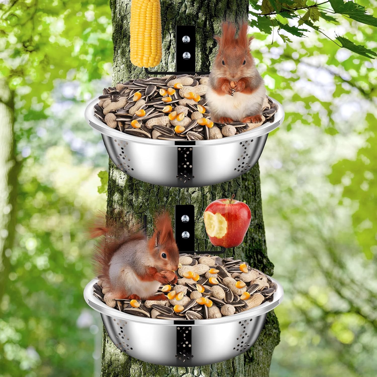 Metal Squirrel Feeders for Outside, Durable Bowl Tree Mounted of Chipmunk Feeder, Squirrel Food for Backyard Squirrels Hold Corn, Corn Cob, Peanuts (8.5 Inch - 2 Stand 2 Bowl)