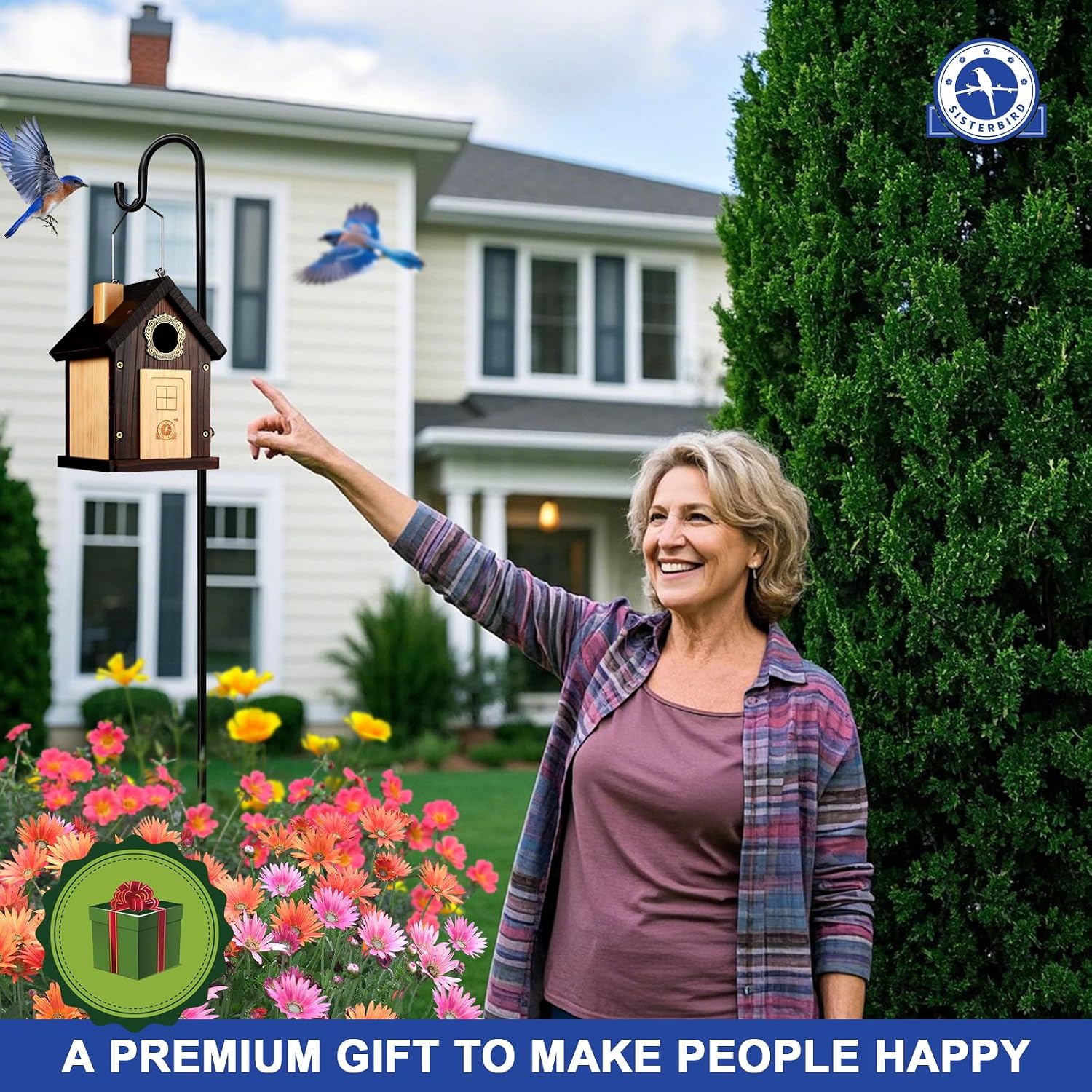 SISTERBIRD Pack of 2 Premium Bluebird Houses for Outside, All Seaons Bird Houses for Outside, Wooden Cabin Birdhouses for Outdoors, Weatherproof Courtyard Decorated Hanging Bird House