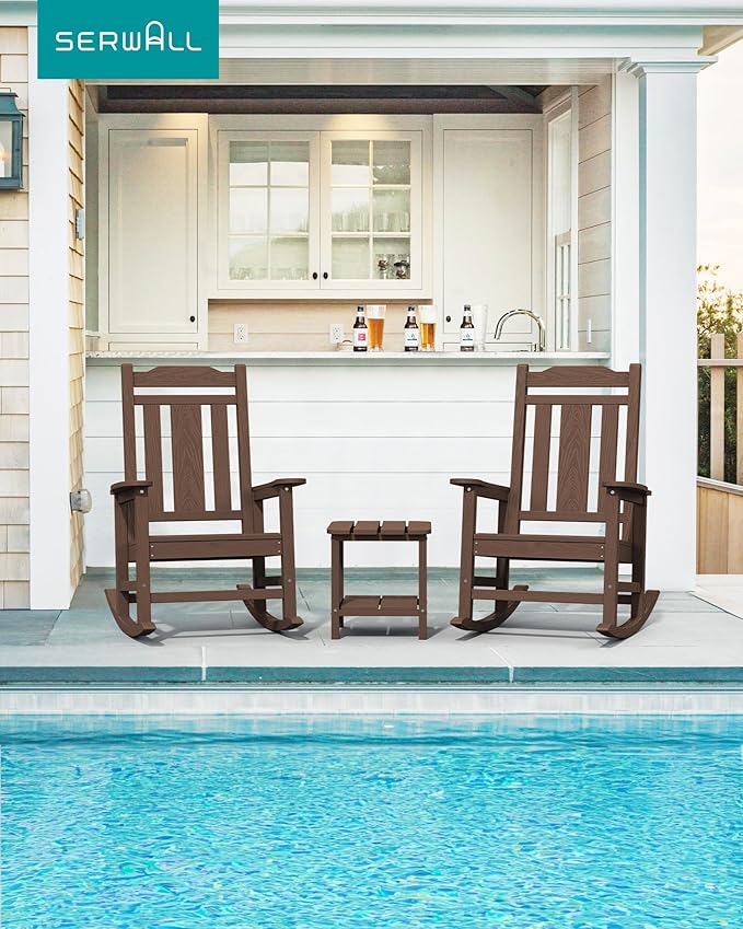 SERWALL Oversized Rocking Chair Outdoor, HDPE Outdoor Rocking Chair, Coffee