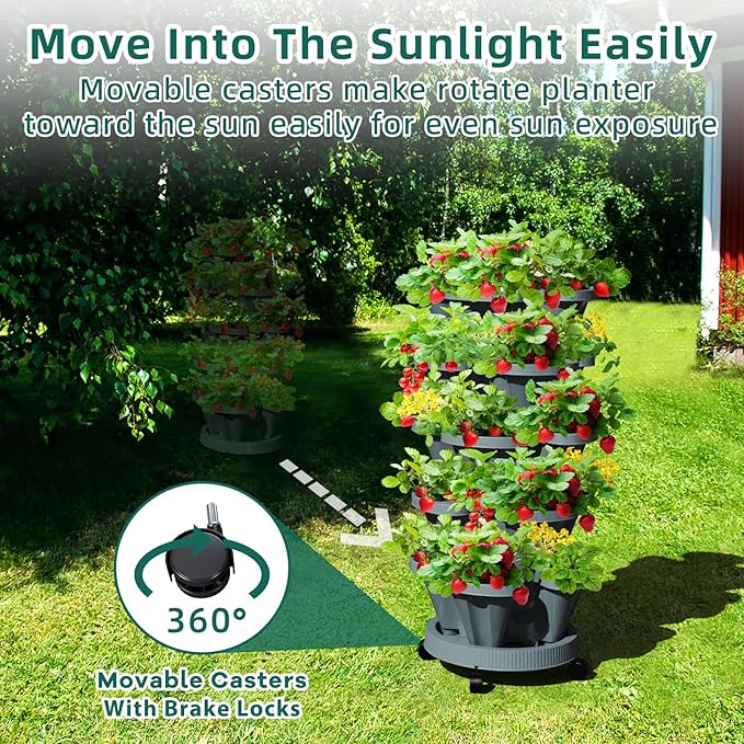7 Tiered Strawberry Vertical Planter Tower Garden 3 Pack, Stackable Planter Herb Garden Planter with Movable Casters and Bottom Saucer Indoor and Outdoor - Dark Grey