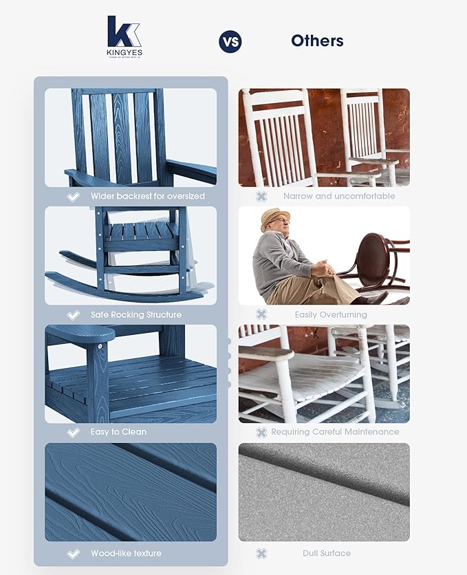 KINGYES Oversized Outdoor Rocking Chair Set of 6, All-Weather Patio Rocking Chairs for Porch, HDPE Outdoor Patio Rockers with High Back & Wide Seat for Garden, Lawn, Blue