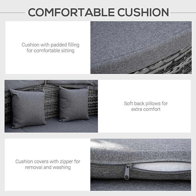 Outsunny 4-Piece Outdoor Rattan Furniture Set, Round Convertible Patio Daybed or Sunbed, Sectional Sofa with Canopy, Pillows, Cushions, Footrest, Table, PE Plastic Wicker, Gray