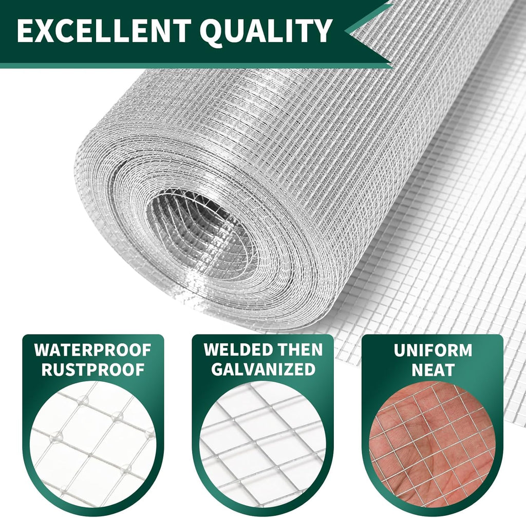 Hardware Cloth 1/2In 16inx50ft 19 GA Chicken Wire Fencing Roll | Double-Layer Hot-dip galvanized, welded wire mesh. For poultry netting, garden fencing, tree guards, animal enclosures.