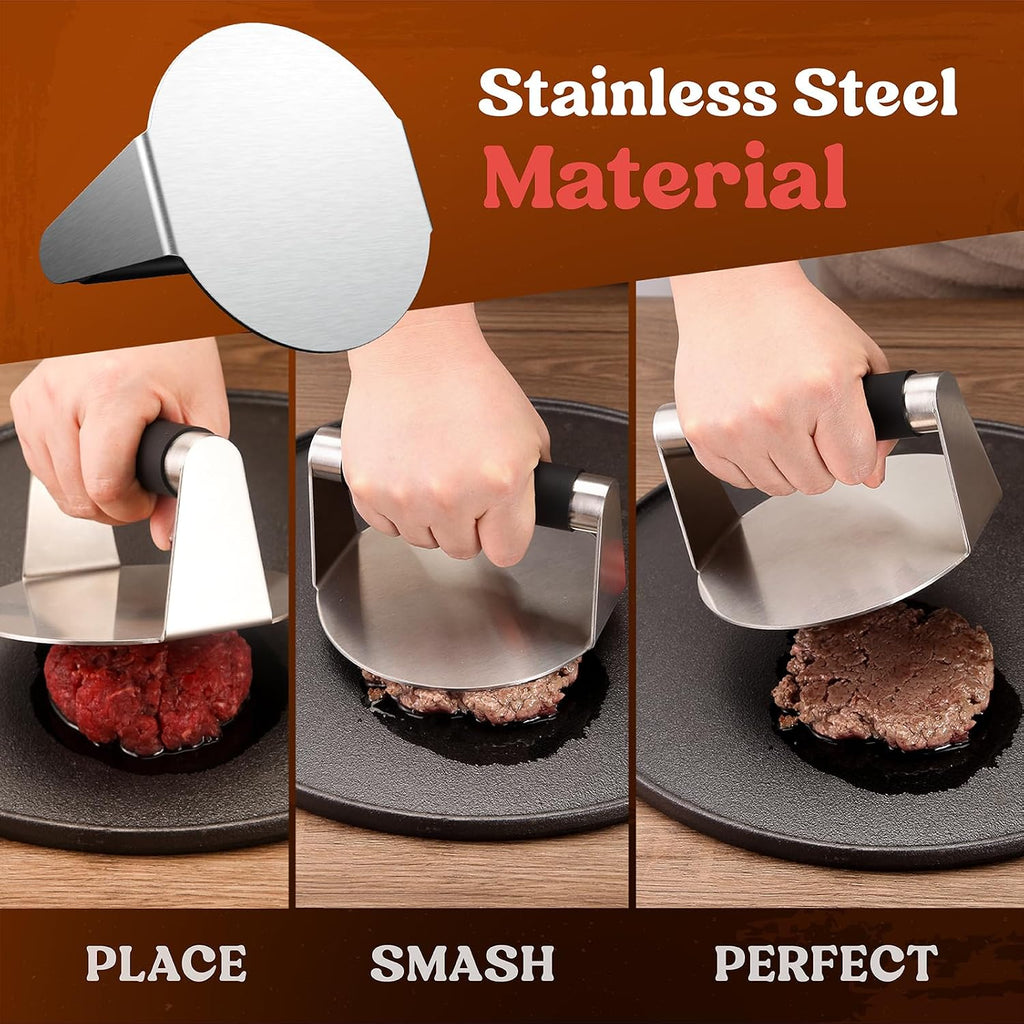 Pisol Smash Burger Press, Hamburger Smasher Tool for Griddle, Stainless Steel Ham Patty Press with Anti-Scald Handle, 5.5" Non Stick Grill Press for Smashburger, Bacon, Ground Beef, Meat, Sausage