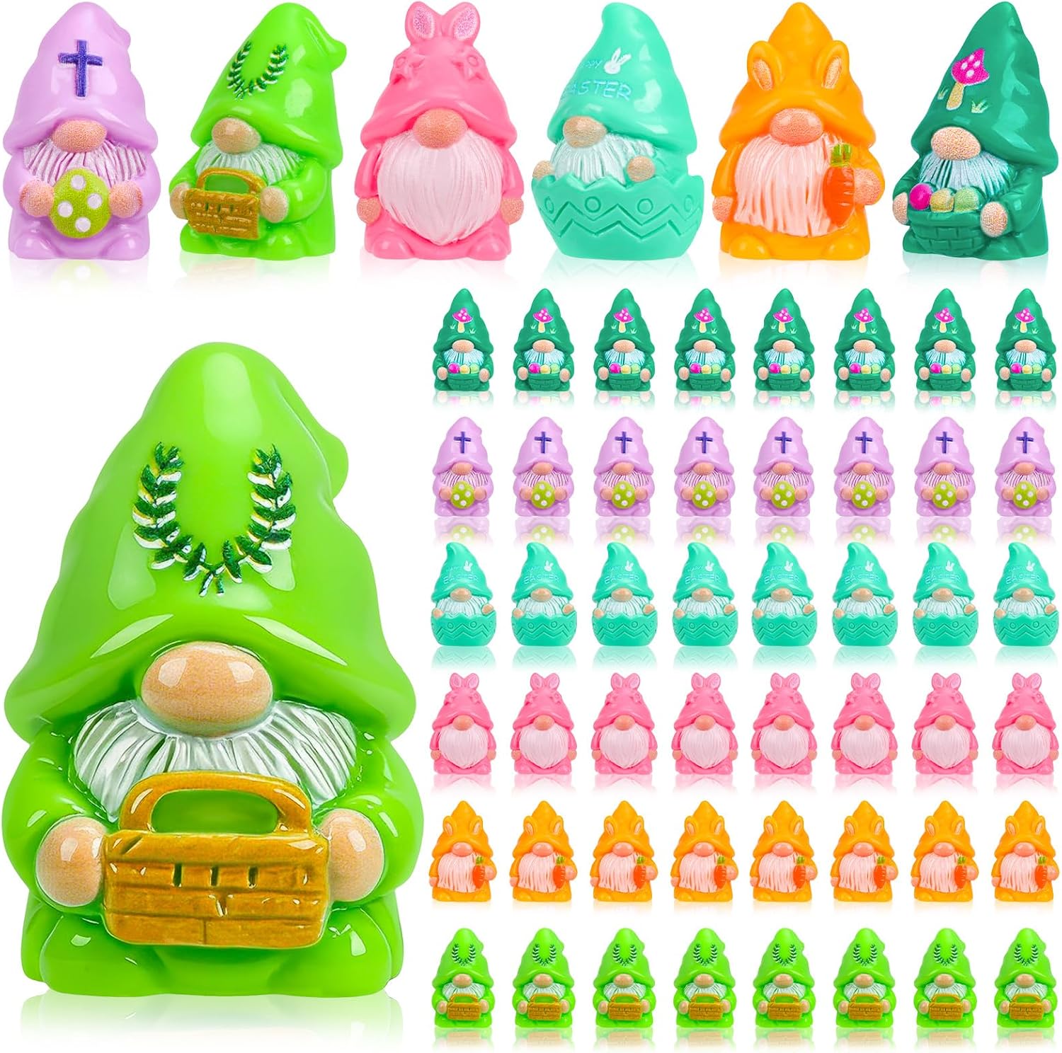 60 Pcs Easter Mini Gnomes Figures Tiny Fairy Resin Gnomes Figurines to Hide Easter Carrot Bunny Ear Basket Eggshell Eggs Element Miniature Gnomes Statues for Party Favors Tiered Tray Garden Decor