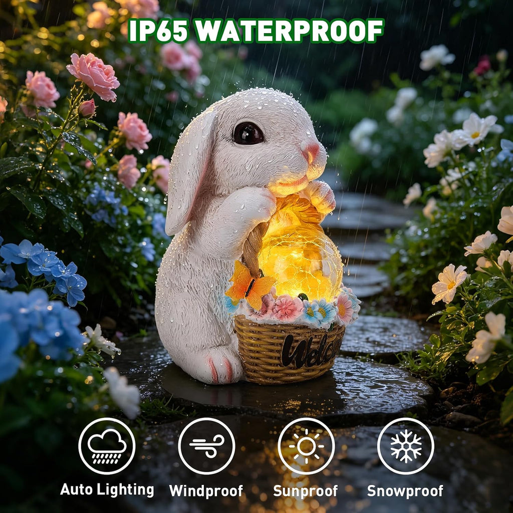 Solar Rabbit Garden Decor Statue, Rabbit Figurines with LED Light, Hand-Painted Resin,IP65 Waterproof for Patio, Lawn & Yard Decorations, Unique Mothers Day Gifts for Mom Women