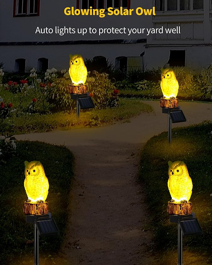 iStatue 2PC Solar Owl Garden Stake Lights, Handcrafted Resin Owl Outdoor Decor with Soft Warm Light, Solar Powered Lawn & Pathway Accent Gardening Gift (2-Pack, Owl)