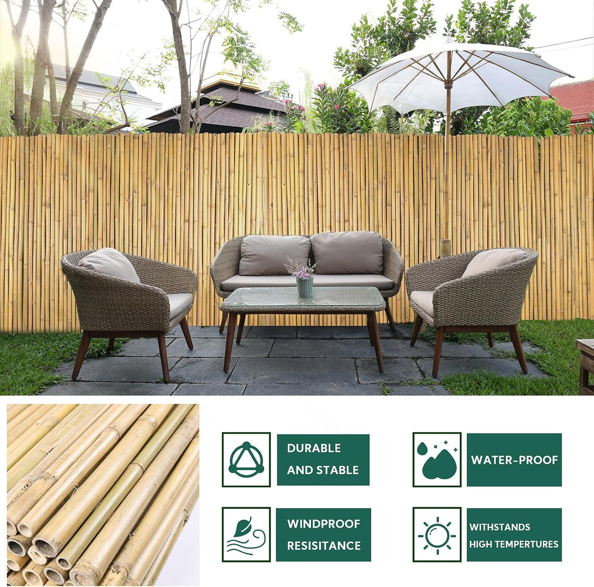 natural bamboo fence 3ft h x 8ft l, side view