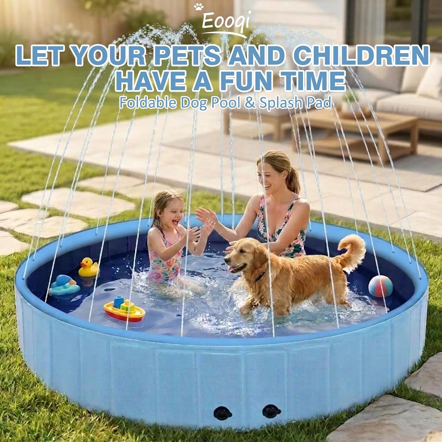 Eooqi Foldable Dog Pool with Sprinkler, Extra Large Thickened Splash Pool | 2-in-1 Outdoor Summer Water Play Toy, Non-Slip Hard-Side Kiddie Pool for Backyard Dogs, Kids & Pets (Blue, 87"-5XL)