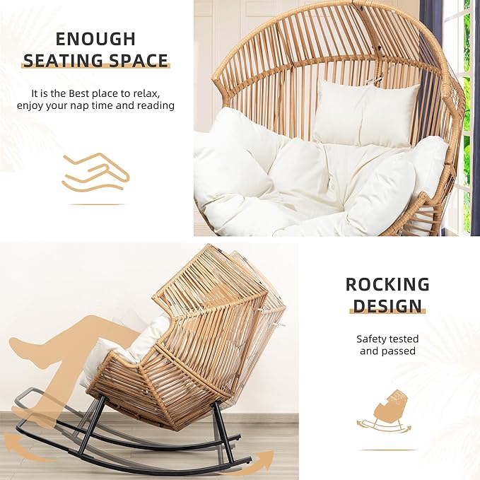 Vongrasig Wicker Egg Chair PE Rattan Rocking Chair with Cushion, Oversized Patio Lounge Rocker Chair for Outdoor, Indoor, Balcony, Backyard, Garden, Beige