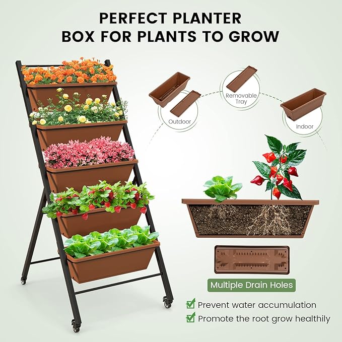 Giantex 2 Pcs Vertical Planter Raised Bed on Wheels, Elevated Garden Beds with Water Drainage Hole, Freestanding 5 Container Boxes for Herb Vegetables Flowers Growing, Outdoor Indoor Patio Balcony