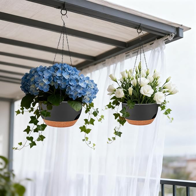 Set of 4-8 Inch Self Watering Hanging Planters for Indoor Outdoor，Hanging Plant Pots with Drainage & Removable Tray, Hanging Pots Holder for Ivy, Pothos, Ferns, Balcony & Patio, Black Brown
