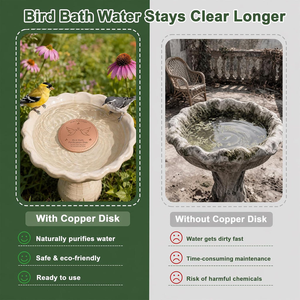 2 Pack Bird Bath Copper Disk, 0.6mm Thick 99.9% Pure Copper Cleaning Disc Plate for Physical Safe Water Purification All-Season for Outdoor Wildlife Bird Bowls Birdbaths Solar