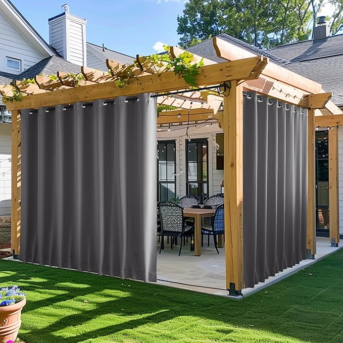 NICETOWN 2 Panels Outdoor Curtains for Patio Waterproof, W100 x L84 Windproof Extra Wide Grommet & Back Tab on Top & Bottom Thermal Insulated Sun Blocking Drapes with Rope for Gazebo, Grey
