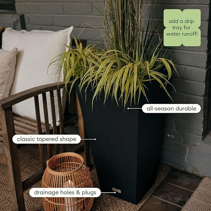Veradek V-Resin Indoor/Outdoor Taper Planter (Black, 30 inch - 2 Pack with 2 Saucer Trays)